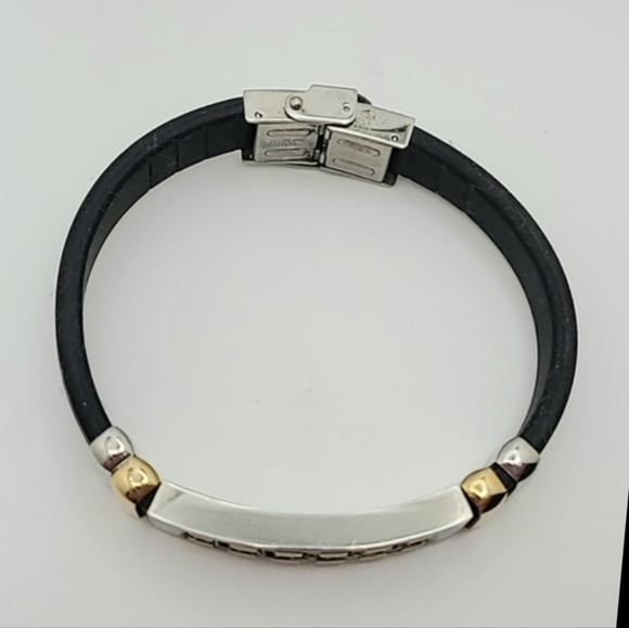 Unisex Stainless Steel Two-Tone Bracelet Black PUC Leather Pave' Stones 8.5" - Picture 3 of 4